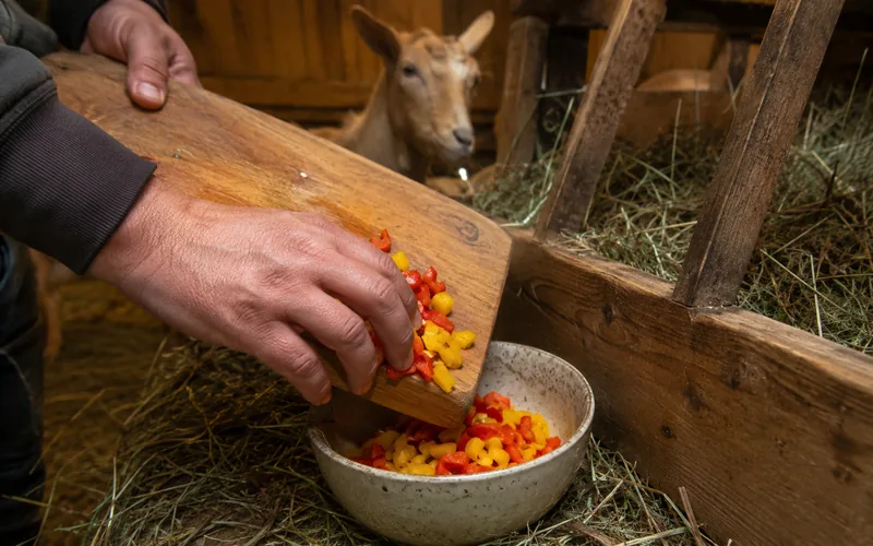 A farmer portioning small chopped bell pepper pieces into a bowl beside a wooden hay feeder in a goat pen