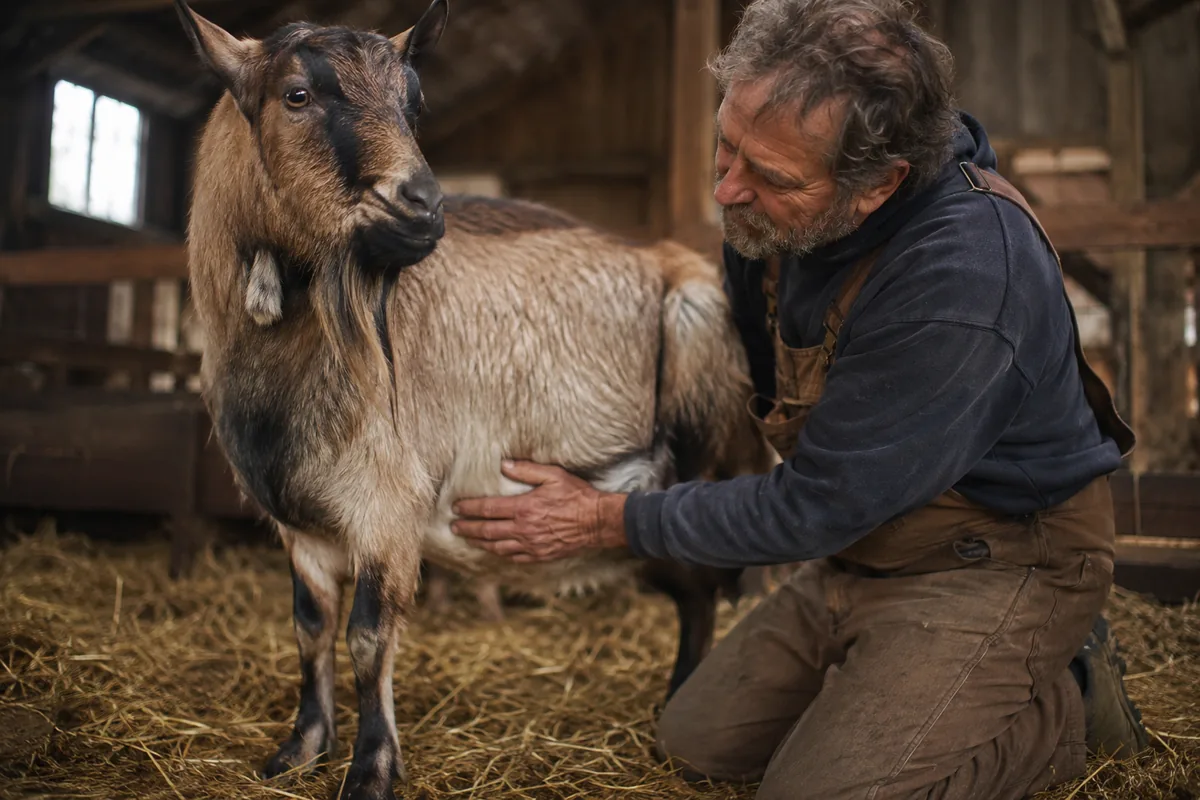 A male goat being examined by its owner in a barn for signs of urinary blockage