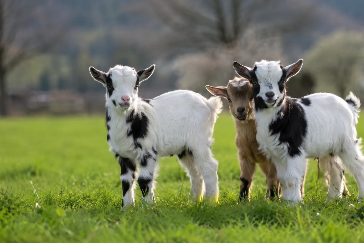 Healthy young goat kids standing together in a green pasture