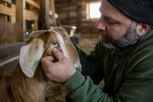 A goat owner pulling down a goat's lower eyelid to check for anemia from worms