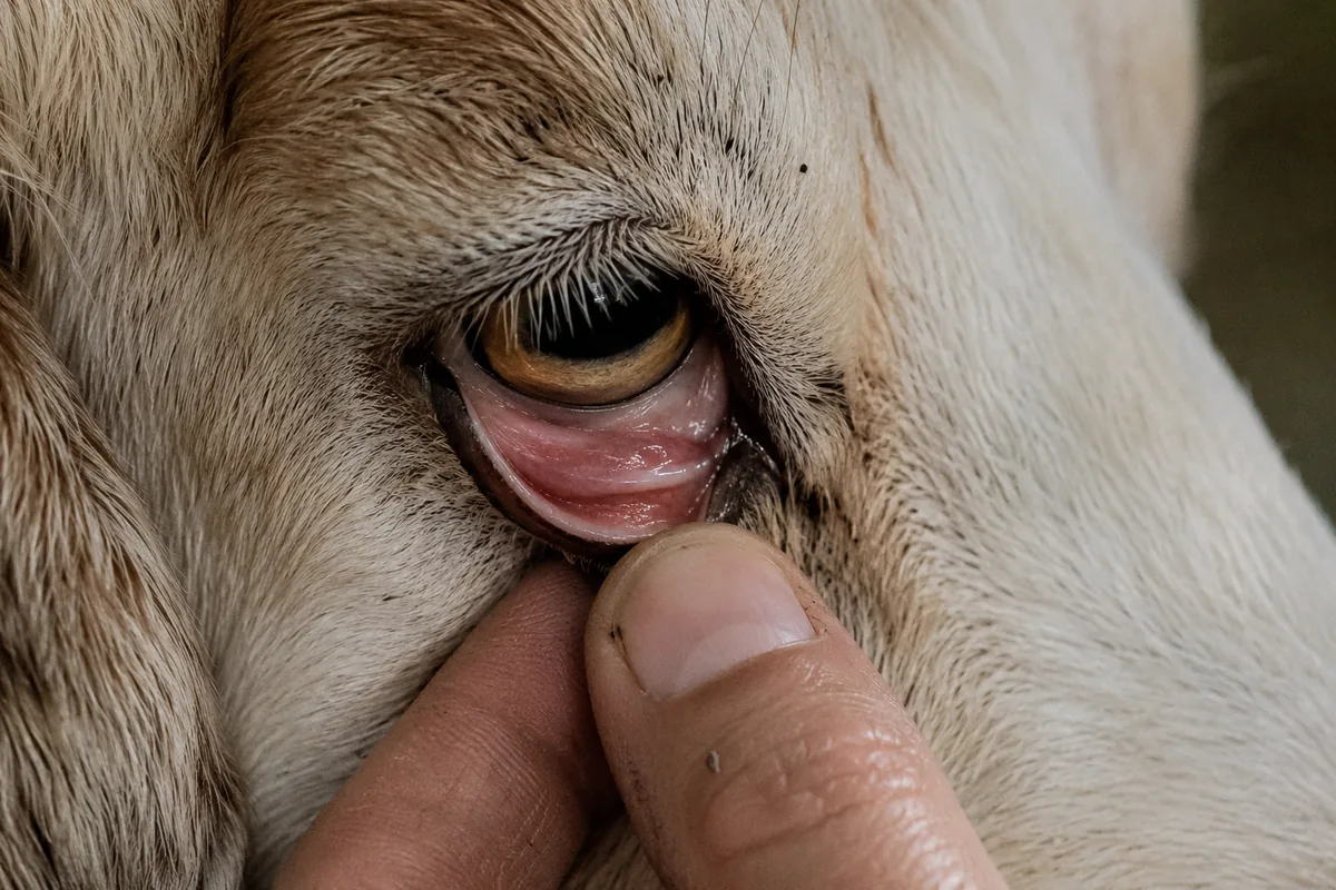 A FAMACHA eyelid check showing the color comparison used to score anemia in goats