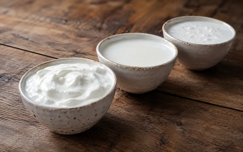 Three small bowls of goat yogurt, goat milk, and kefir lined up for dogs