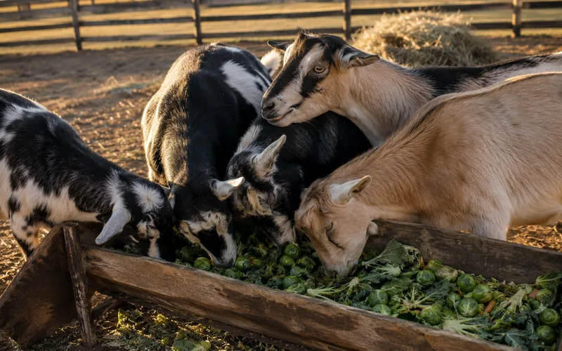 A small herd of goats gathered at a feed trough scattered with green vegetable trimmings