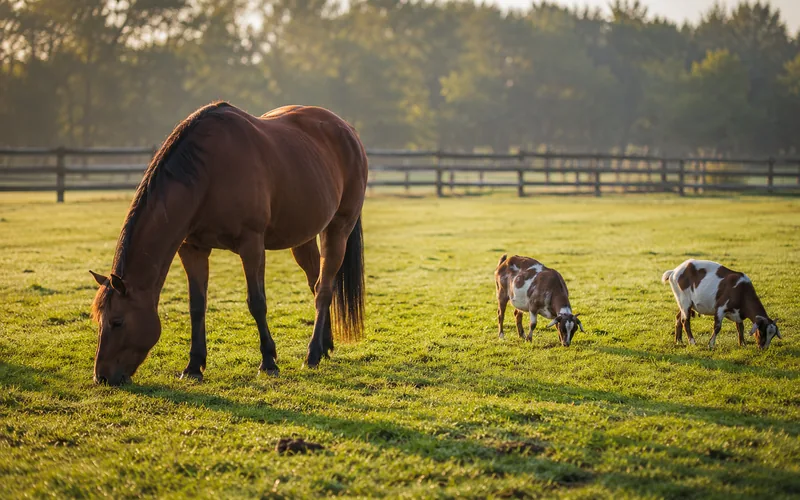 A horse grazing grass while two goats graze nearby in the same green pasture