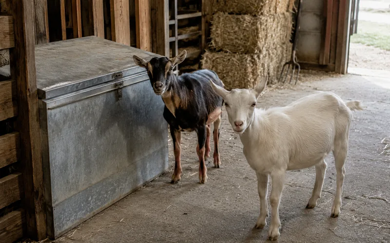Two goats standing near a covered feed storage bin in a barn aisle