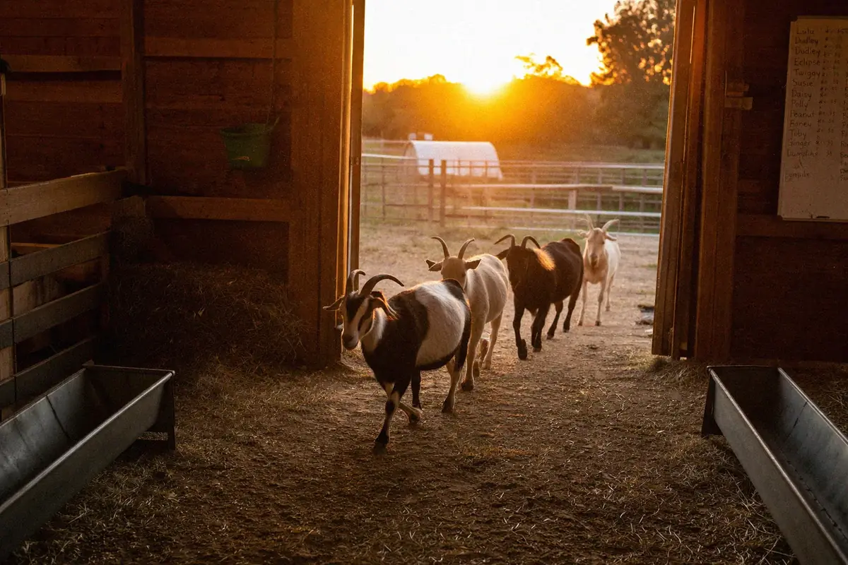 Goats walking into a well-lit barn through a wide doorway at sunset