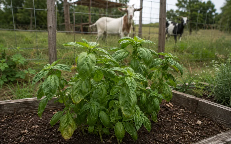 Basil growing in a raised garden bed beside a goat pen in full sun