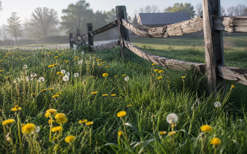 Dandelions flowering in an unmowed corner of pasture beside a wooden goat fence
