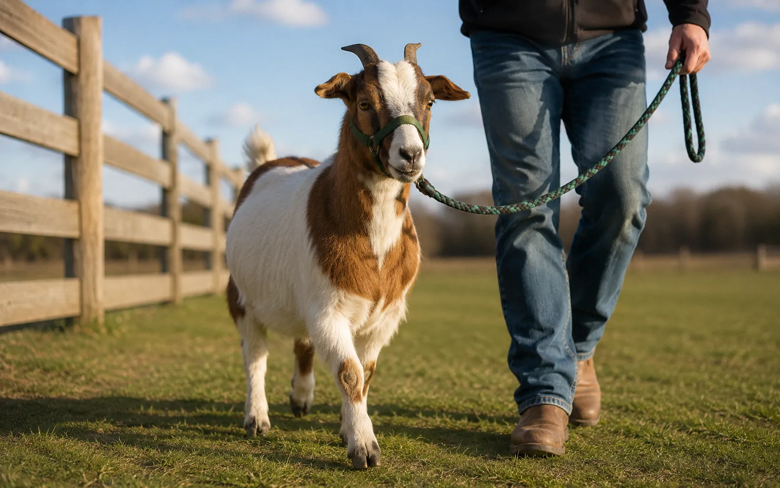 Handler walking alongside a calm adult goat on a lead rope during halter training in a fenced grassy paddock