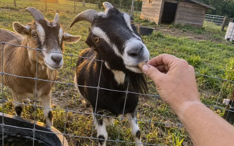 Hand feeding one small piece of horse treat to a goat over a fence
