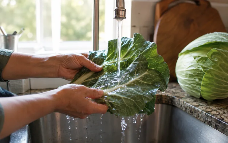 Hands rinsing fresh green cabbage leaves under running water in a farmhouse kitchen sink before feeding to goats