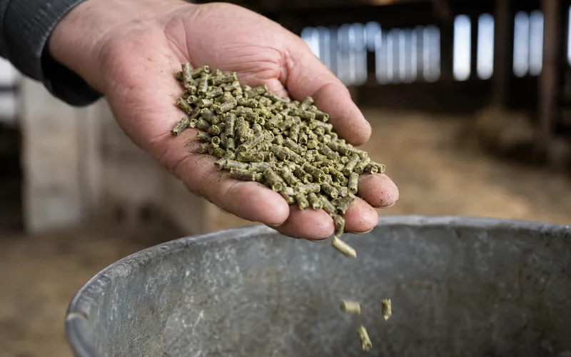 A close-up of a handful of green alfalfa pellets held over a feed bucket