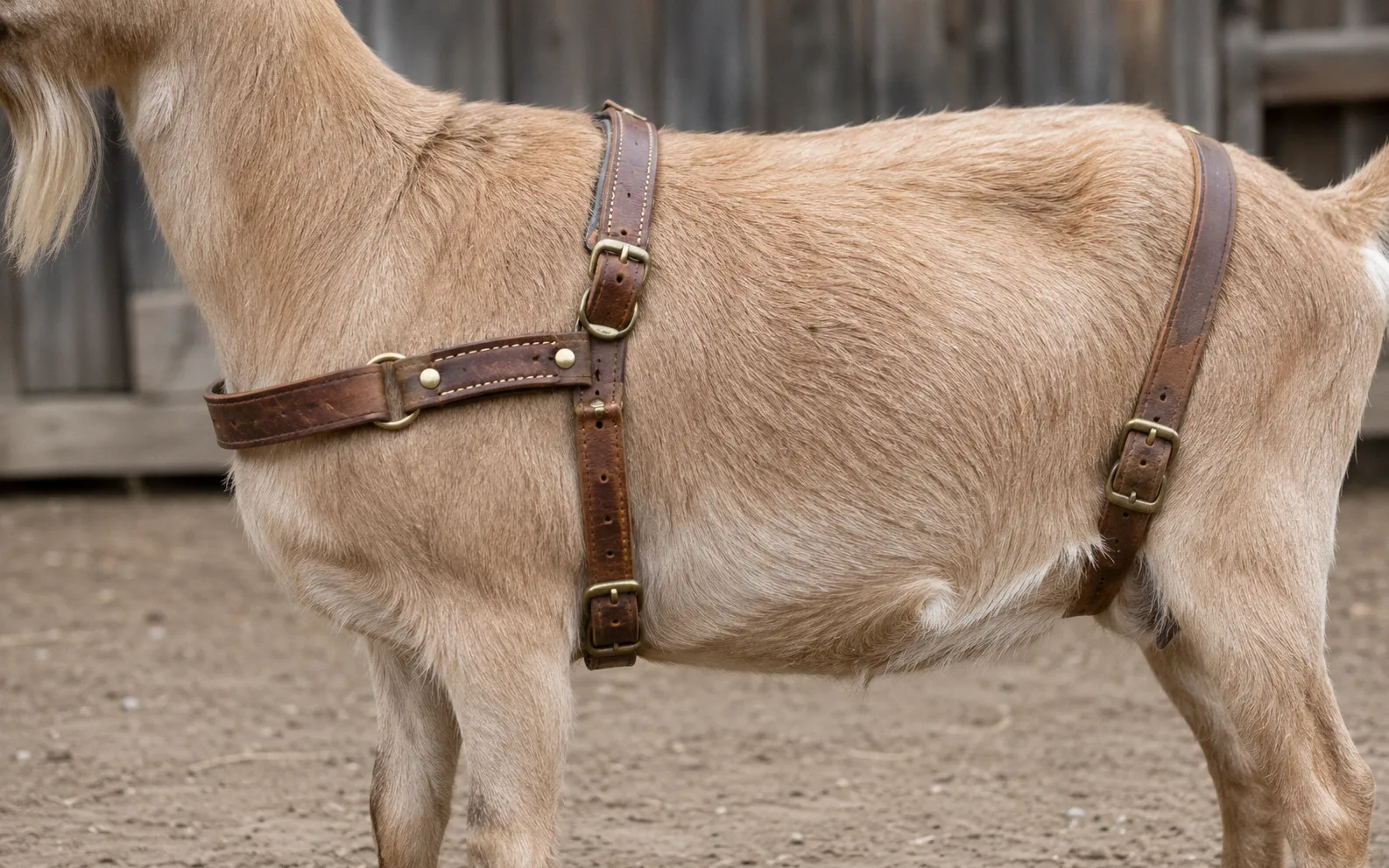 Close-up of a properly fitted goat driving harness showing the breast strap, cinch strap, and breeching strap on a large tan goat