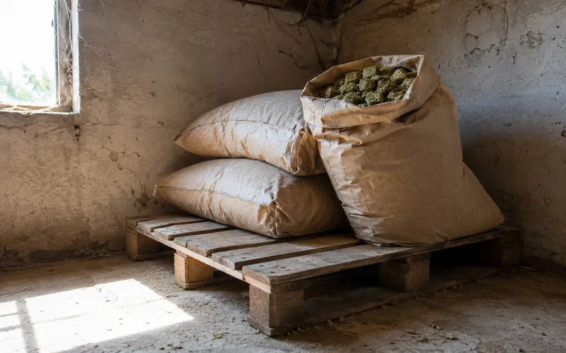Stacked bags of hay cubes stored on a pallet in a dry barn