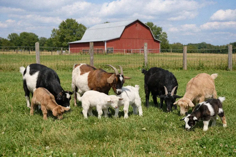 Healthy herd of goats grazing on green pasture protected by CDT vaccination