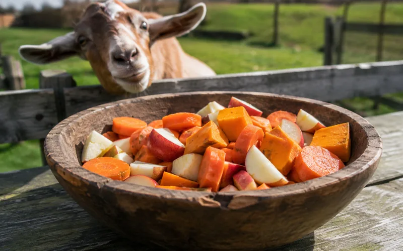 A wooden bowl of sliced carrots, apples, and pumpkin next to a curious goat