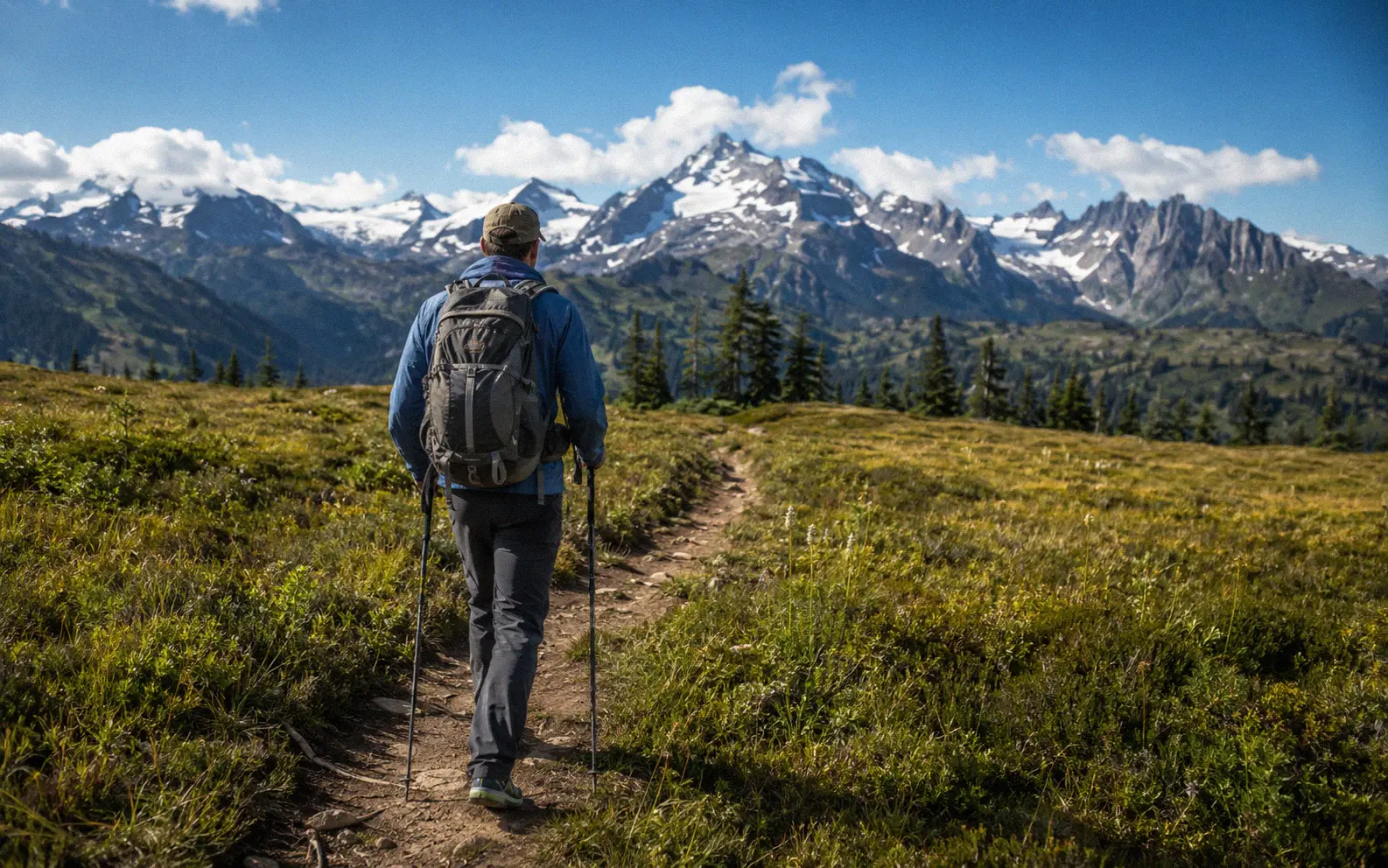 Hiker with trekking poles on a mountain trail with distance markers and alpine scenery