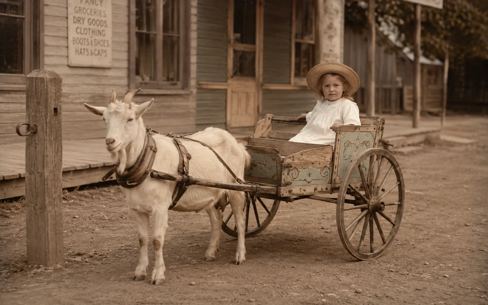 Vintage photograph of a goat pulling a small two-wheeled cart with a child seated inside, circa 1900s