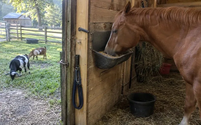 Horse eating from a raised feed tub while goats graze outside