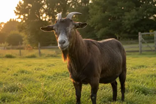 A dignified older goat with a graying muzzle standing in a sunlit pasture