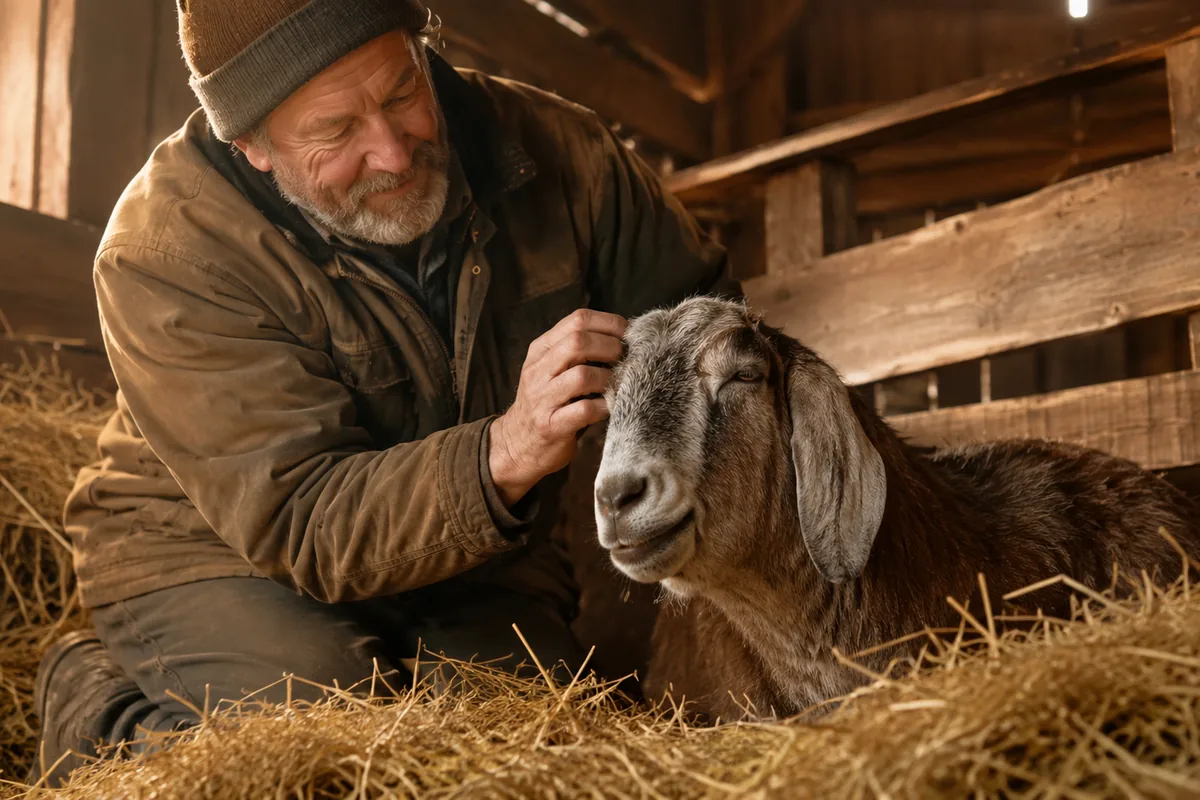 A farmer scratching the head of an old gray-muzzled goat