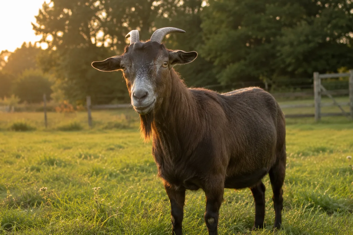 A dignified older goat with a graying muzzle standing in a sunlit pasture