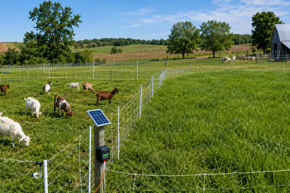 A pasture divided with portable electric netting, goats grazing one section