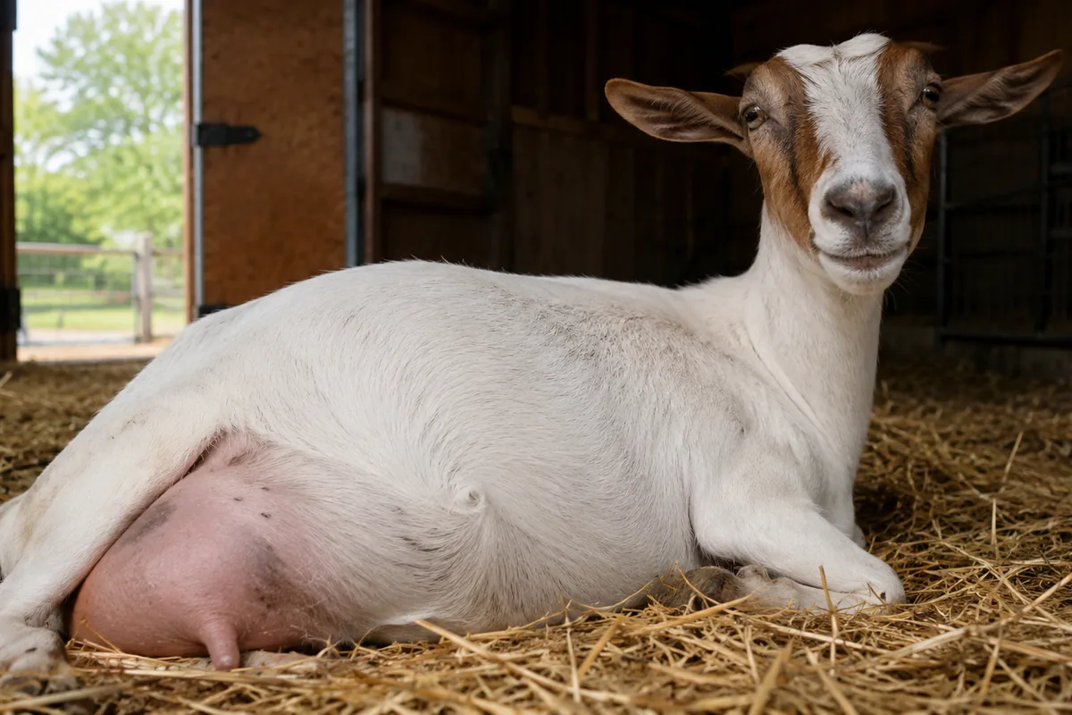 A pregnant doe resting in clean straw bedding with a full belly and developing udder