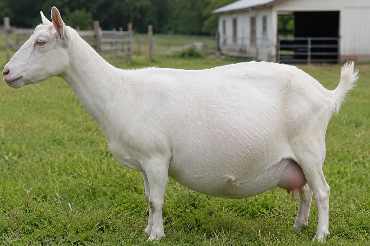 A visibly pregnant doe with a wide round belly standing in a green pasture