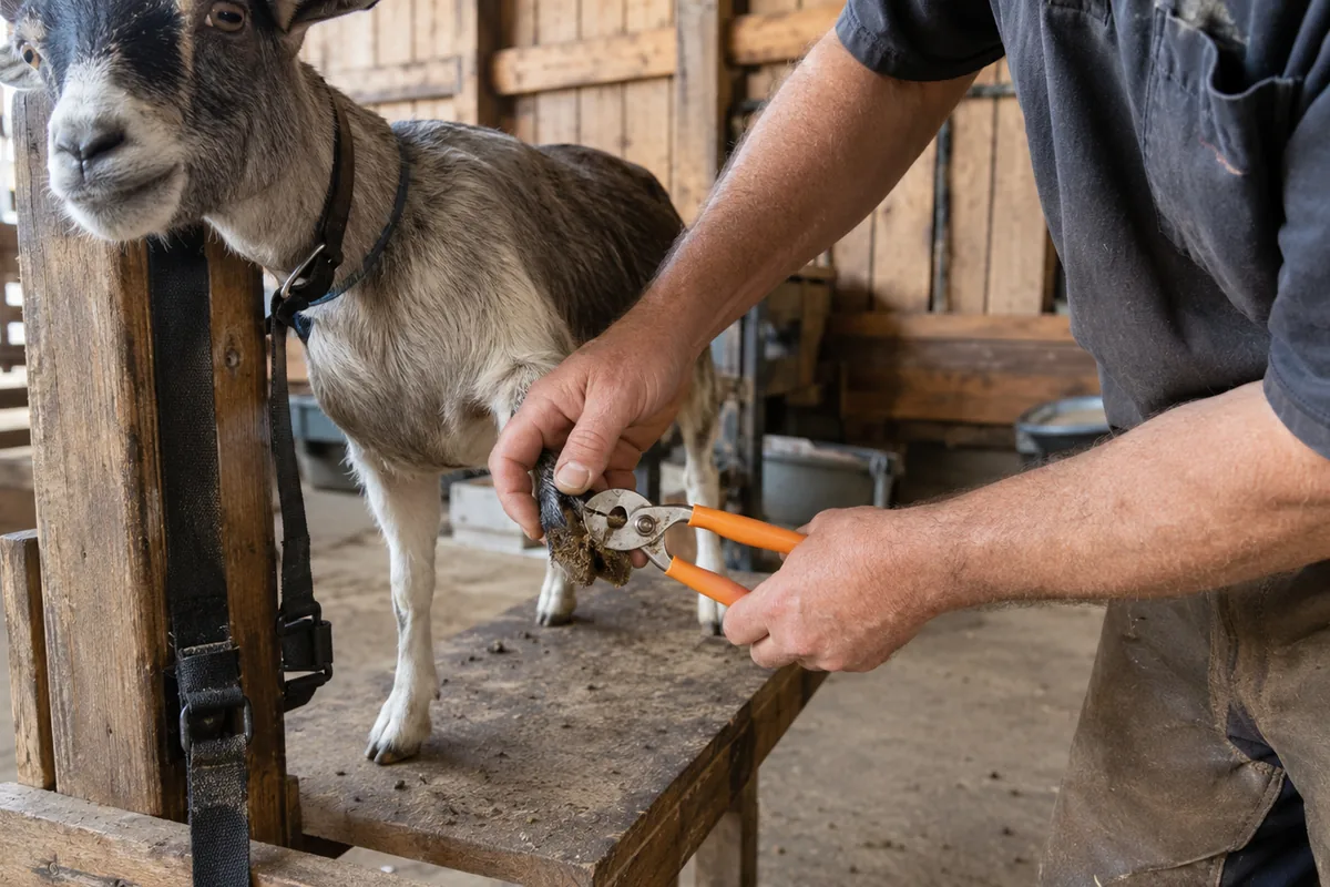 A goat hoof being trimmed with hoof shears while the goat stands on a stand
