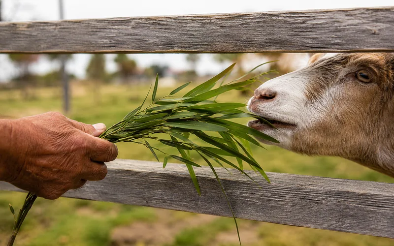 A keeper offering a small bundle of bamboo leaves to a goat through a fence