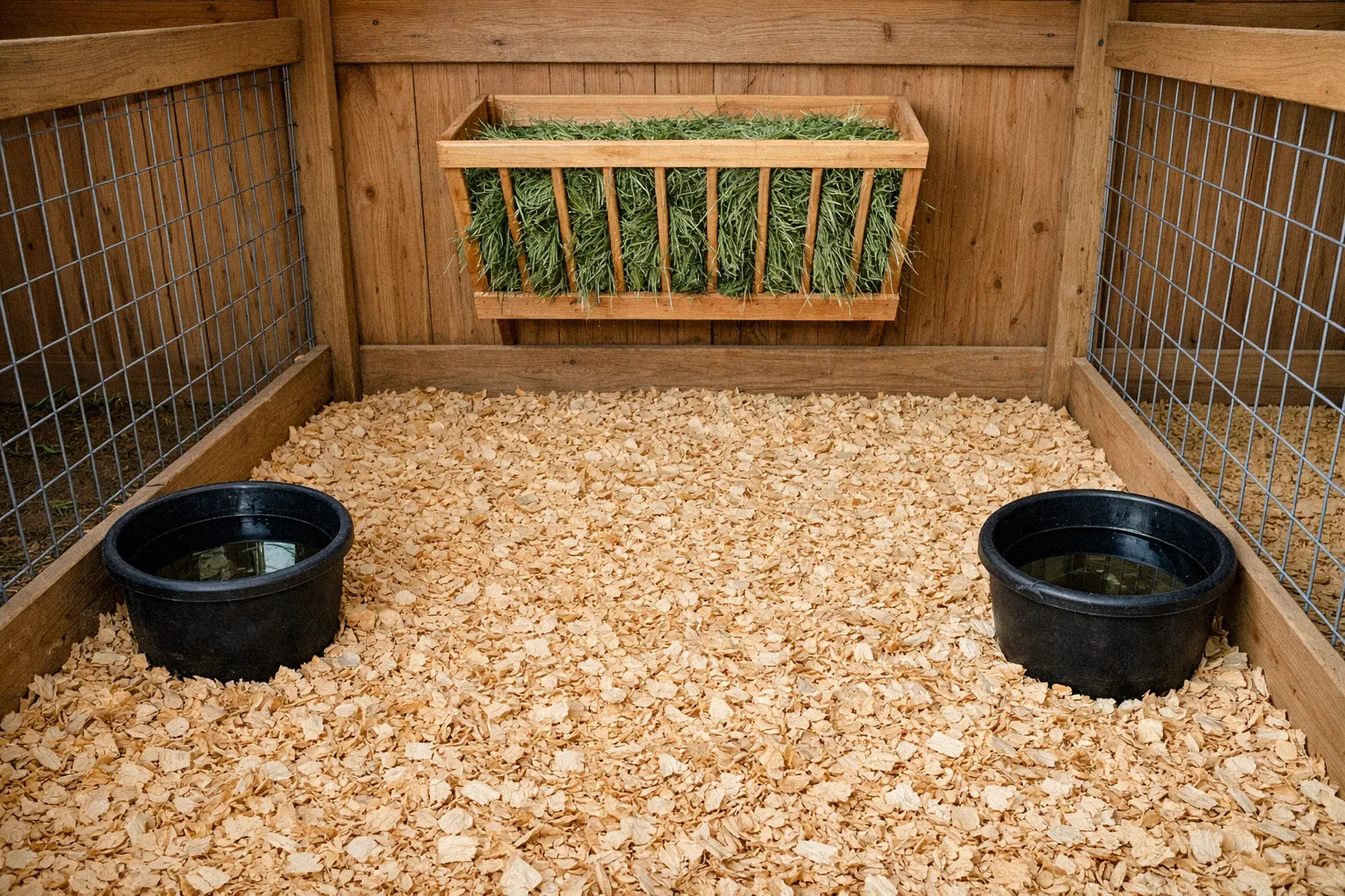 Well-organized kid pen setup with fresh bedding, hay rack, and multiple water stations