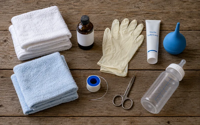 A neatly arranged goat kidding kit with towels, iodine, gloves, lubricant, and a bulb syringe on a clean surface
