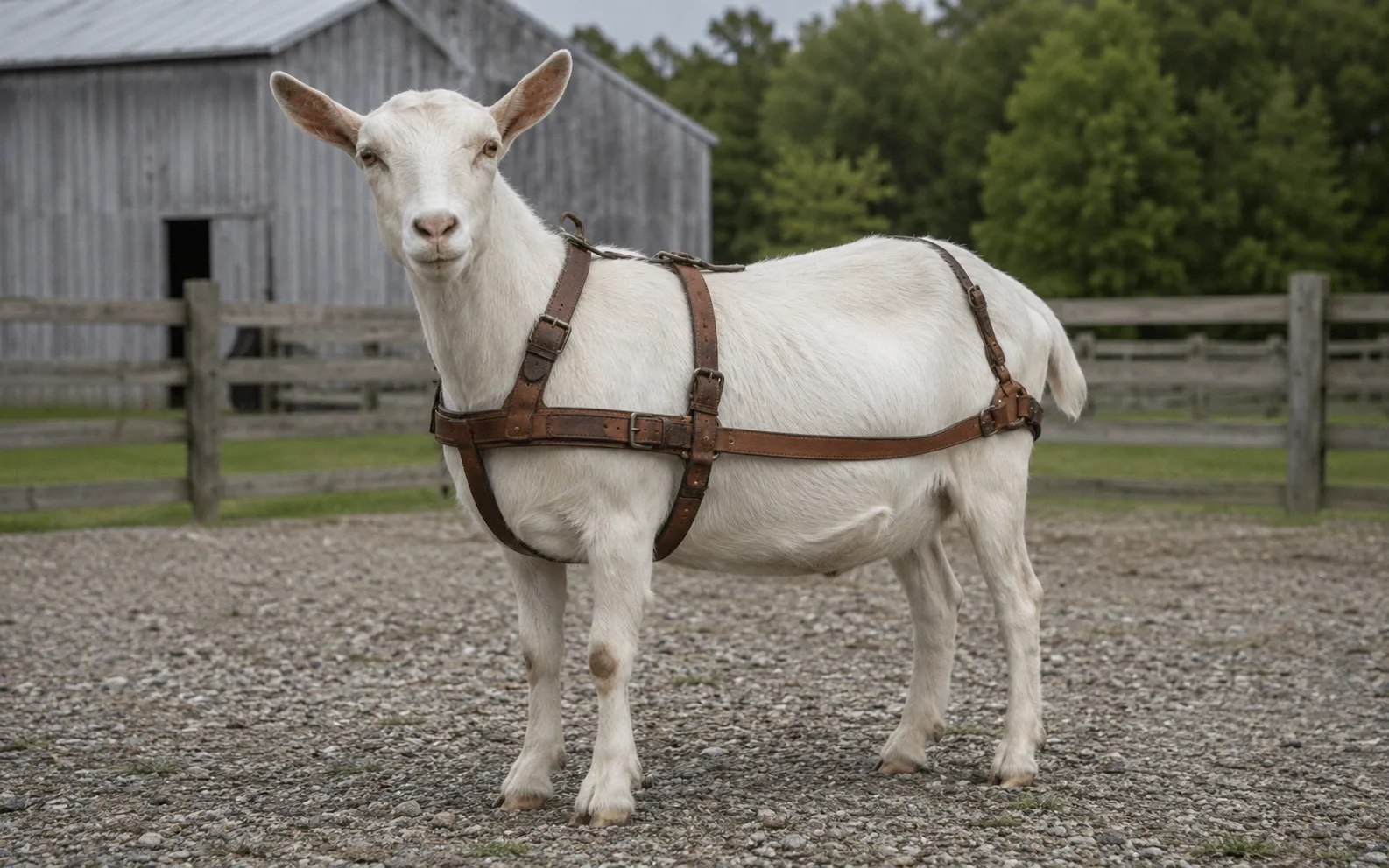 Large white Saanen goat standing in a paddock wearing a properly fitted tan leather driving harness