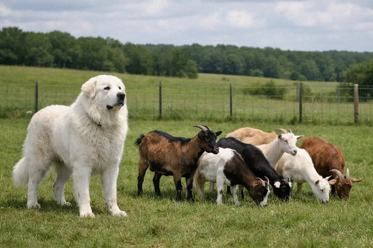 Livestock guardian dog standing alert beside a small goat herd in a fenced pasture