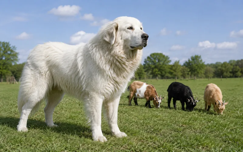 A large white livestock guardian dog standing watch over a small group of pygmy goats in a pasture