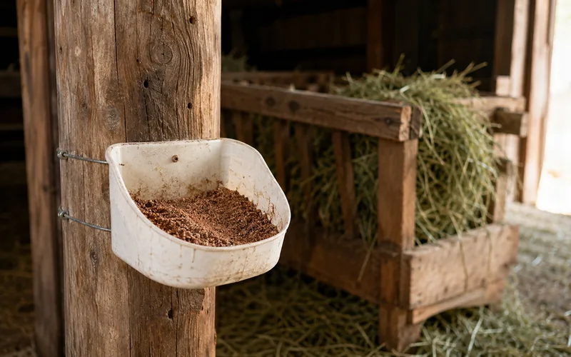 A hanging loose-mineral feeder in a goat barn next to a hay rack