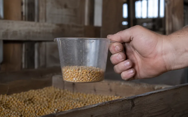 A plastic measuring cup filled with cracked corn