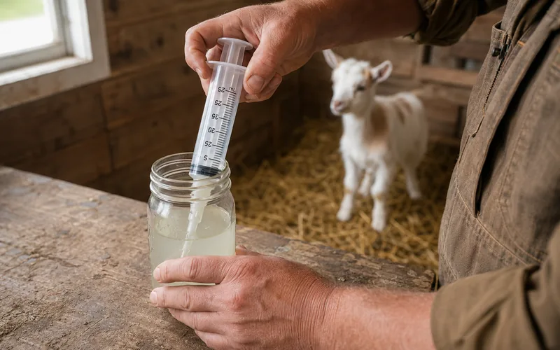 Measuring a baby goat electrolyte dose into a feeding syringe