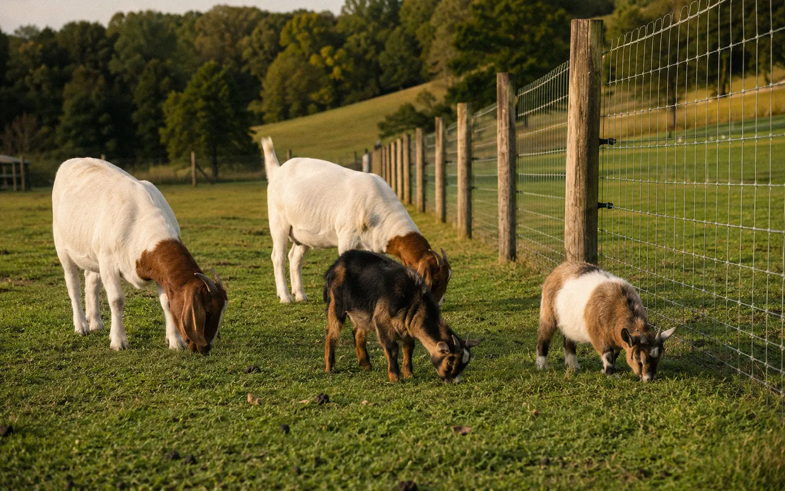 Mixed herd of Nigerian Dwarf and Boer goats sharing a pasture with proper welded wire fencing