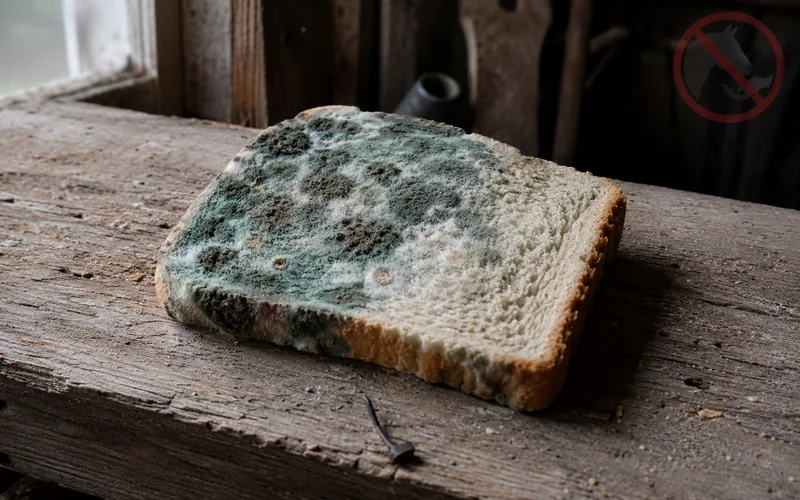 A moldy slice of bread on a barn workbench with a red no-feeding symbol overlaid