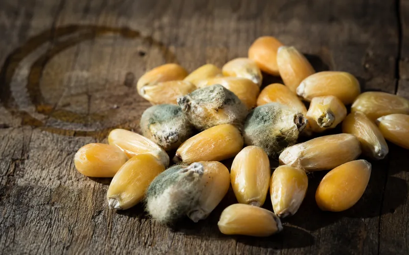 Moldy corn kernels showing gray and green discoloration