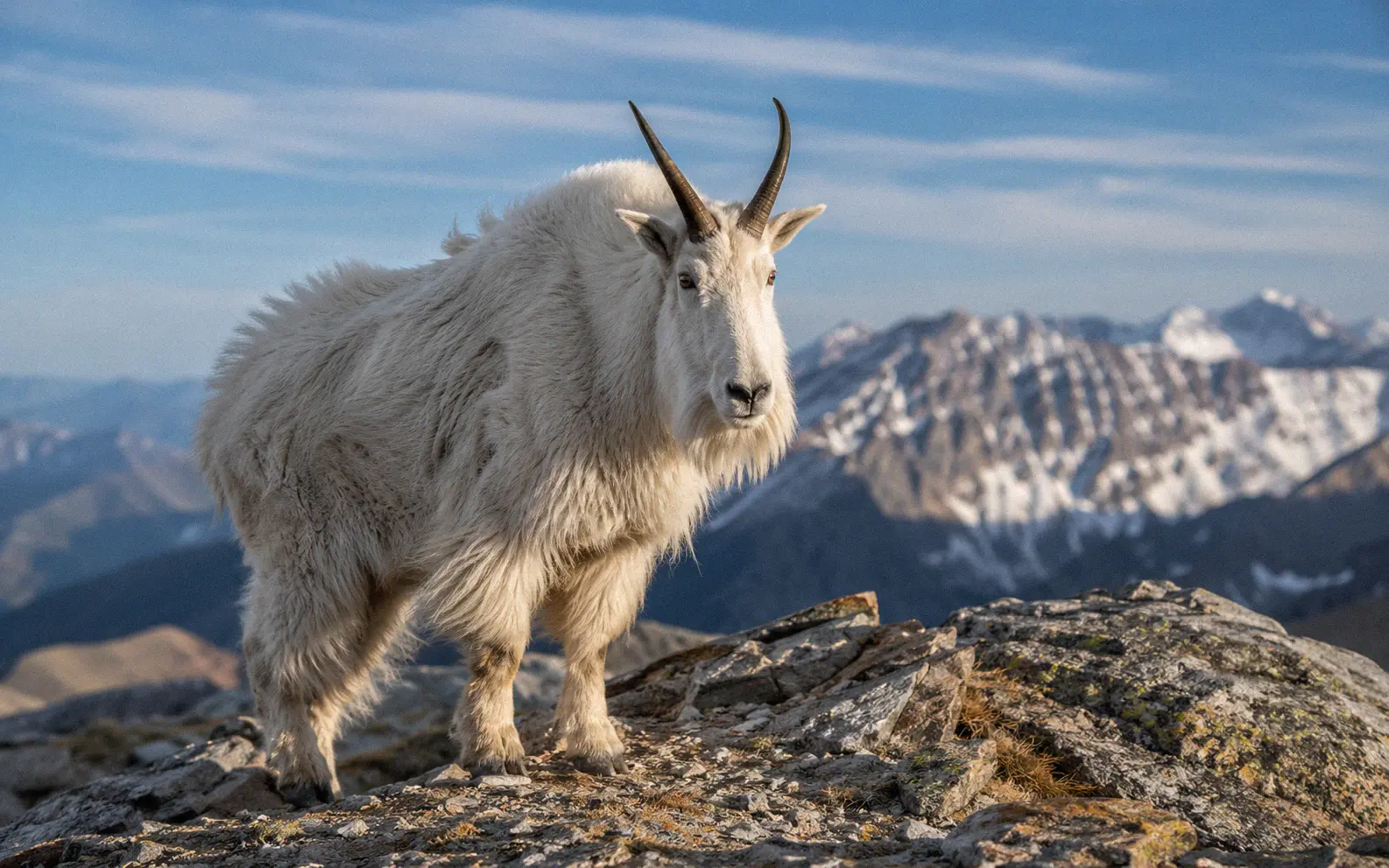 Mountain goat billy with thick white coat standing on exposed alpine rock