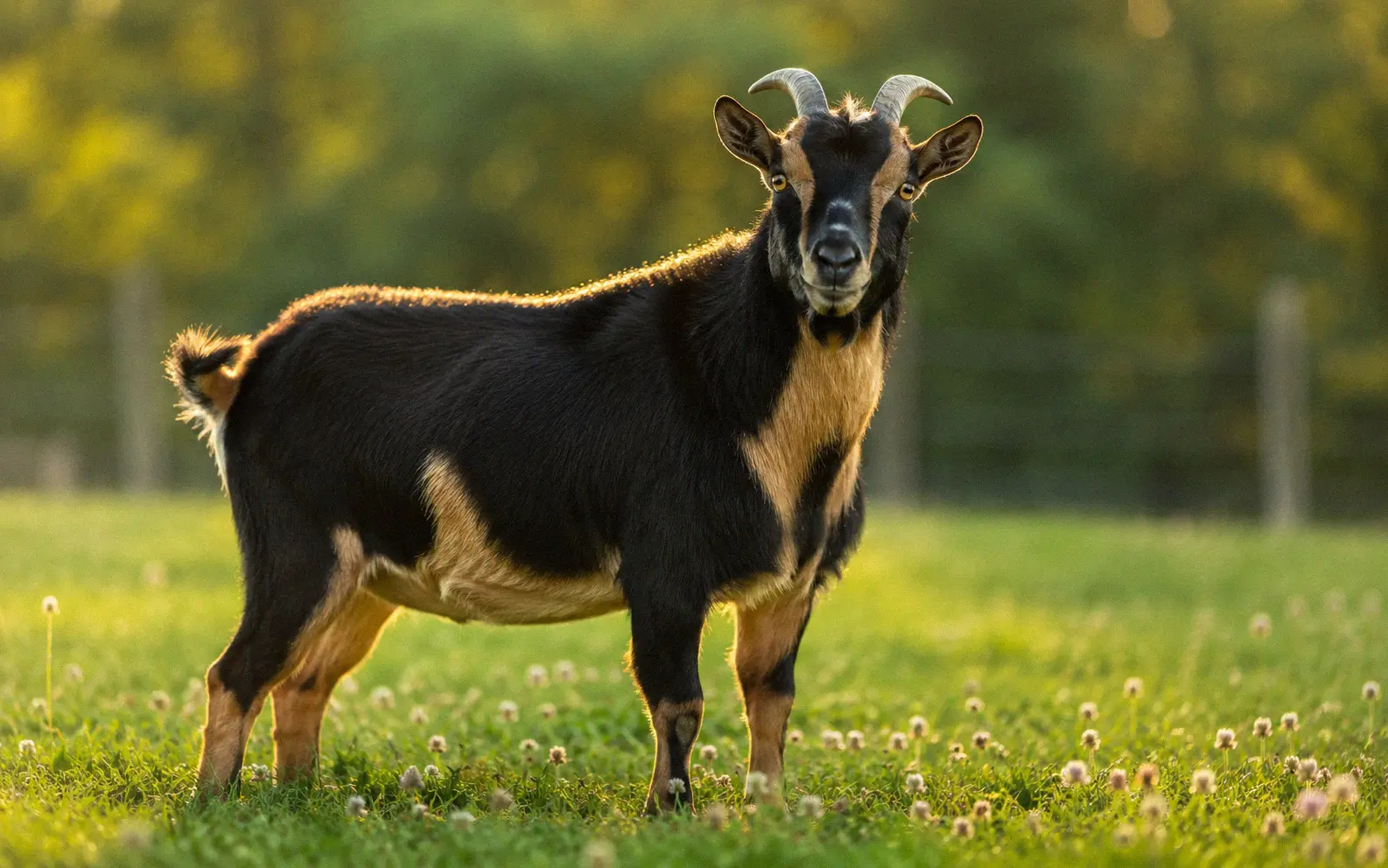Registered Nigerian Dwarf buck with good conformation standing in a pasture