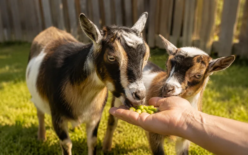 Nigerian Dwarf goat and small kid eating asparagus pieces from an owner's hand in a sunny backyard pen