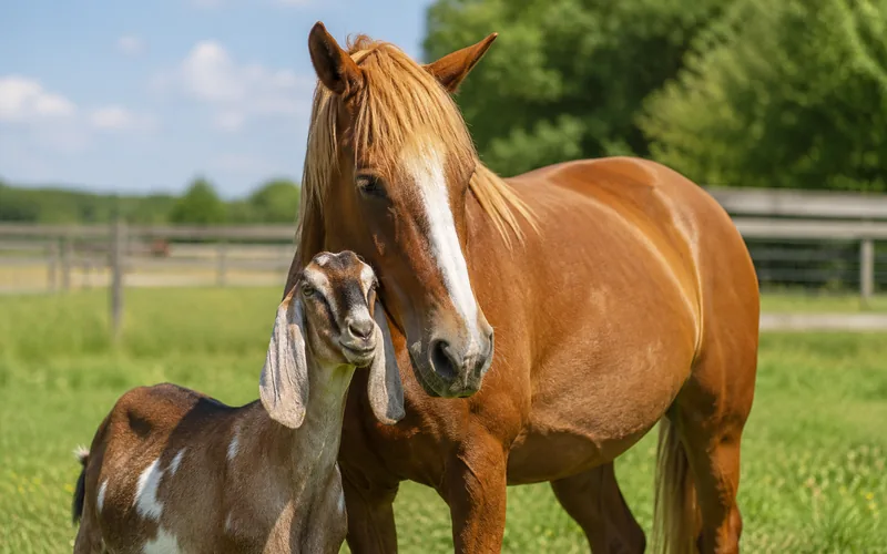 A Nubian doe and a chestnut horse standing calmly side by side in a sunny pasture