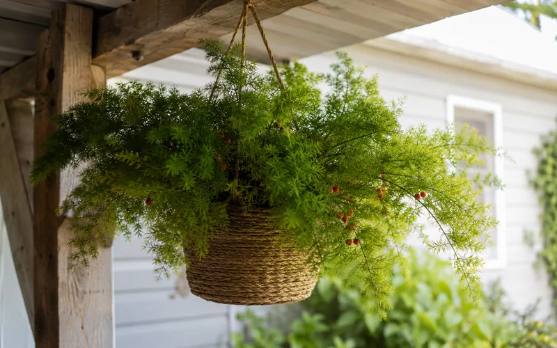 Ornamental asparagus fern houseplant in a hanging basket, labeled as unsafe for goats