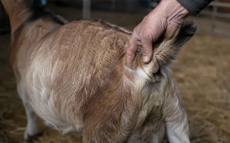 A goat owner gently feeling the soft ligaments at the base of an overdue doe's tail to check for kidding readiness