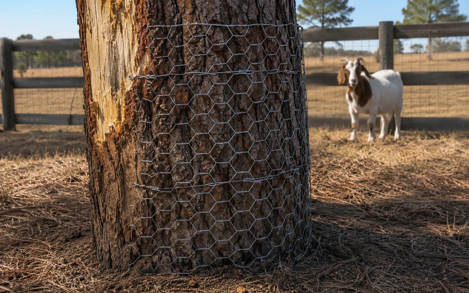 Pine tree trunk wrapped with wire mesh to protect bark from goat browsing