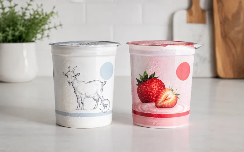 Plain goat yogurt next to a flavored yogurt tub marked unsafe for dogs